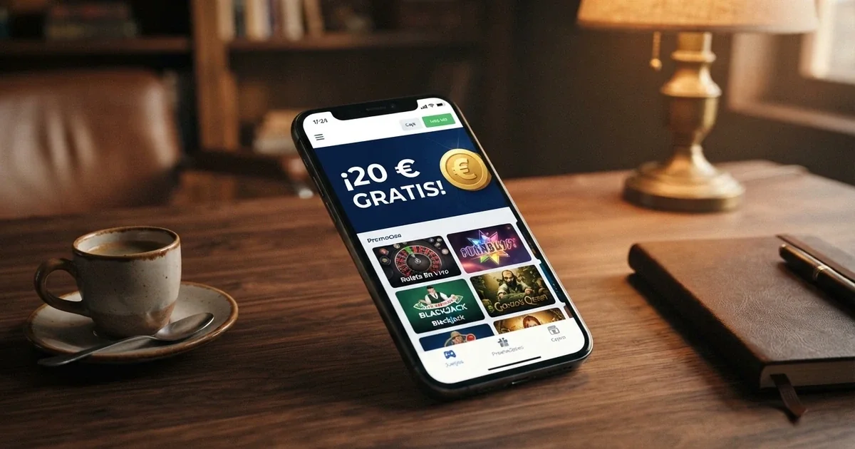 Interfaz de un casino online español con una oferta destacada de bono sin depósito de 20 euros