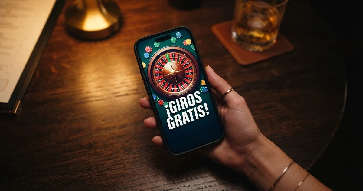 Una mano sostiene un móvil mostrando una ruleta de casino con fichas de colores y el texto «giros gratis» sobreimpreso en la pantalla