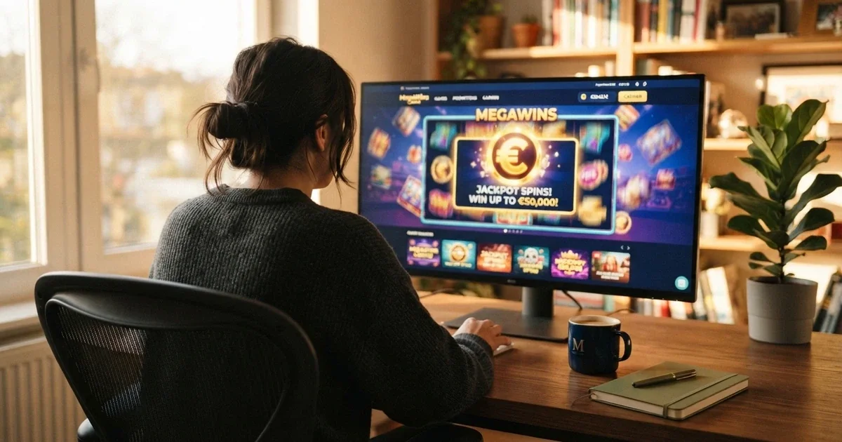 Jugador consultando ofertas de bono sin depósito en la pantalla de un ordenador, con el símbolo del euro y el icono de un casino online visibles en primer plano