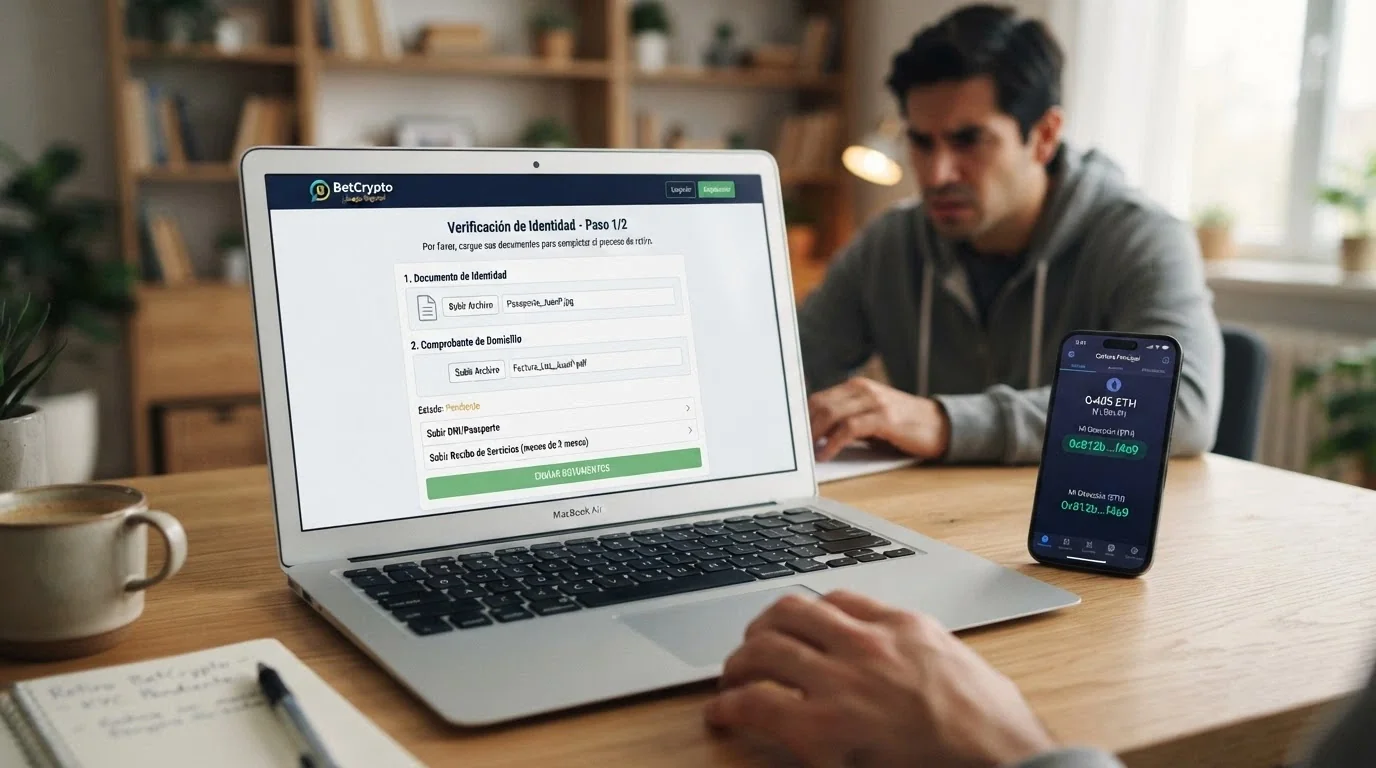 Una pantalla de verificación de identidad (KYC) de un casino online junto al logo de Bitcoin Cash