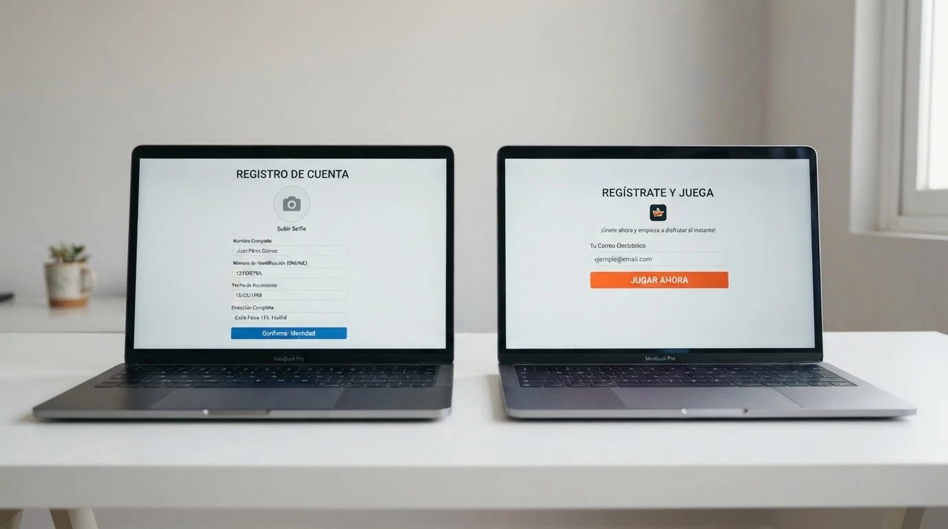 Pantalla dividida: a la izquierda, un formulario de verificación de identidad con campos de DNI y selfie; a la derecha, una pantalla de registro con solo un campo de email y un botón de «jugar ahora»