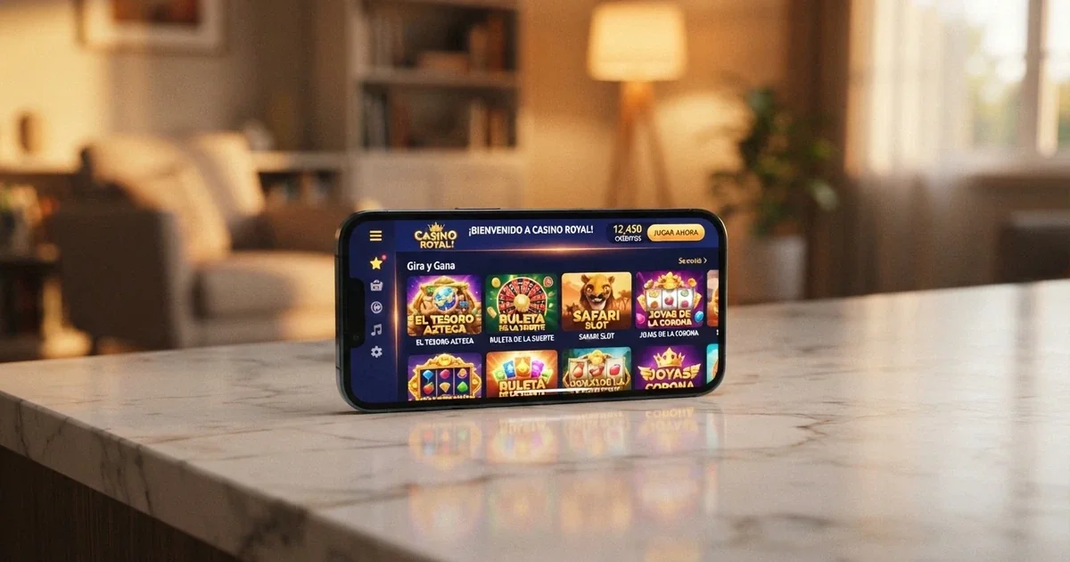 Un teléfono móvil mostrando en pantalla una aplicación de casino con varias tragaperras en la interfaz de inicio