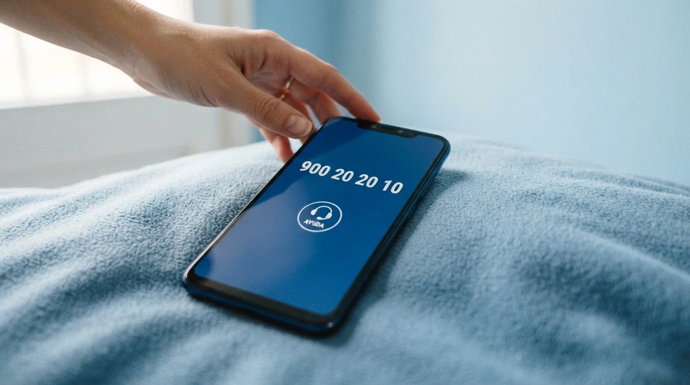 Un teléfono móvil con el número 900 20 20 10 en pantalla y el logotipo de FEJAR, sobre un fondo azul institucional