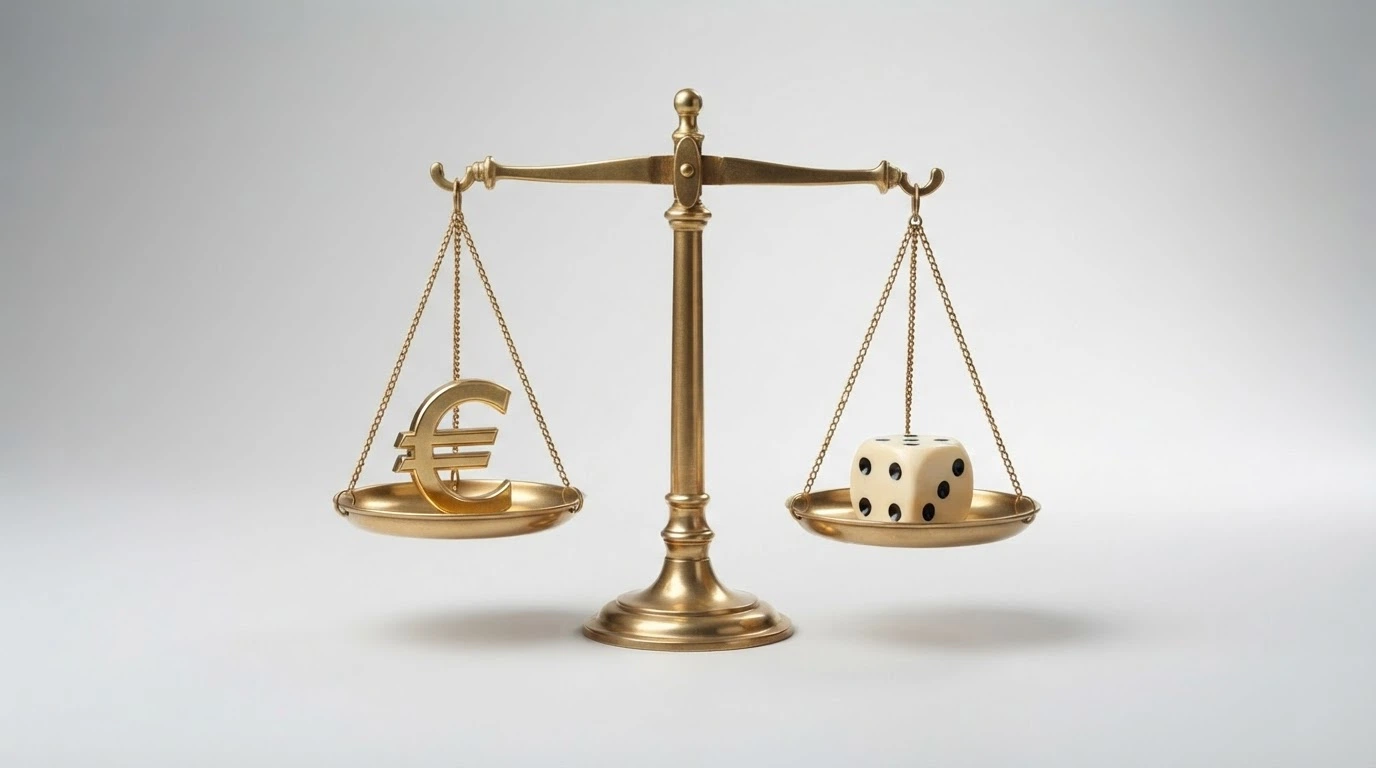 Una balanza con el símbolo del euro en un platillo y un dado de casino en el otro, sobre un fondo neutro de oficina