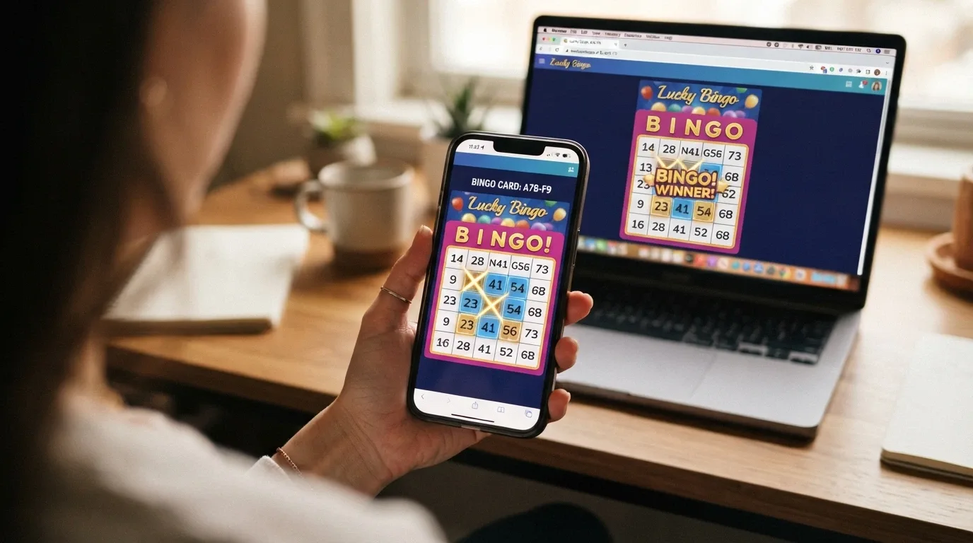 mano sosteniendo un teléfono en vertical con un cartón de bingo a pantalla completa; en el fondo, un portátil con la misma partida en el navegador