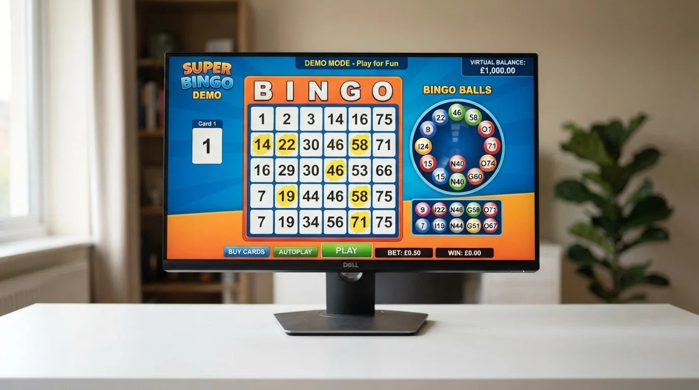 pantalla de ordenador mostrando una partida de video bingo en modo demo con el indicador de «saldo virtual» visible en la esquina
