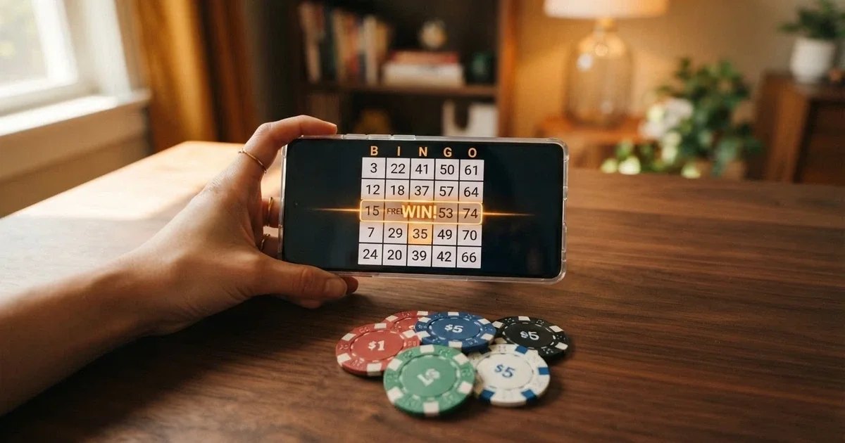 jugador sosteniendo un teléfono con un cartón de bingo digital en la pantalla, fichas de casino en segundo plano