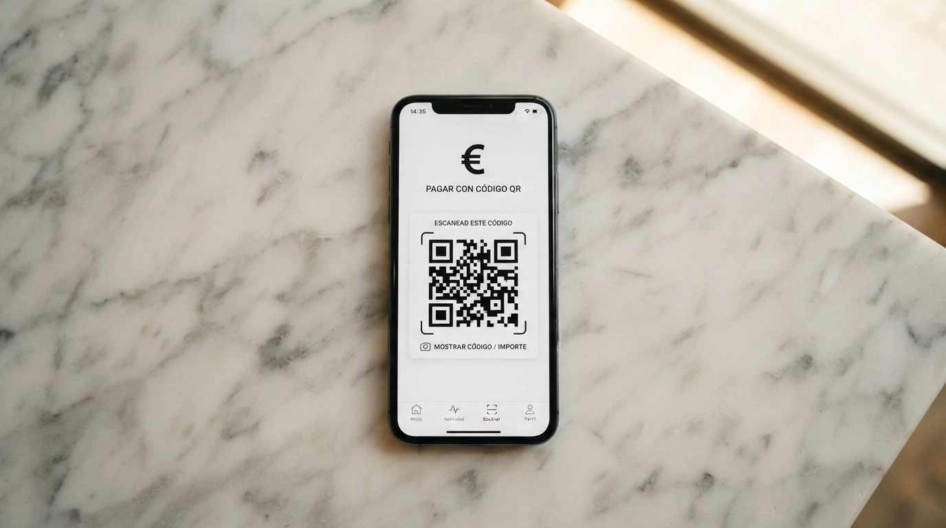 Un teléfono mostrando la app de Bizum con el código QR listo para escanear junto al logo de un casino español