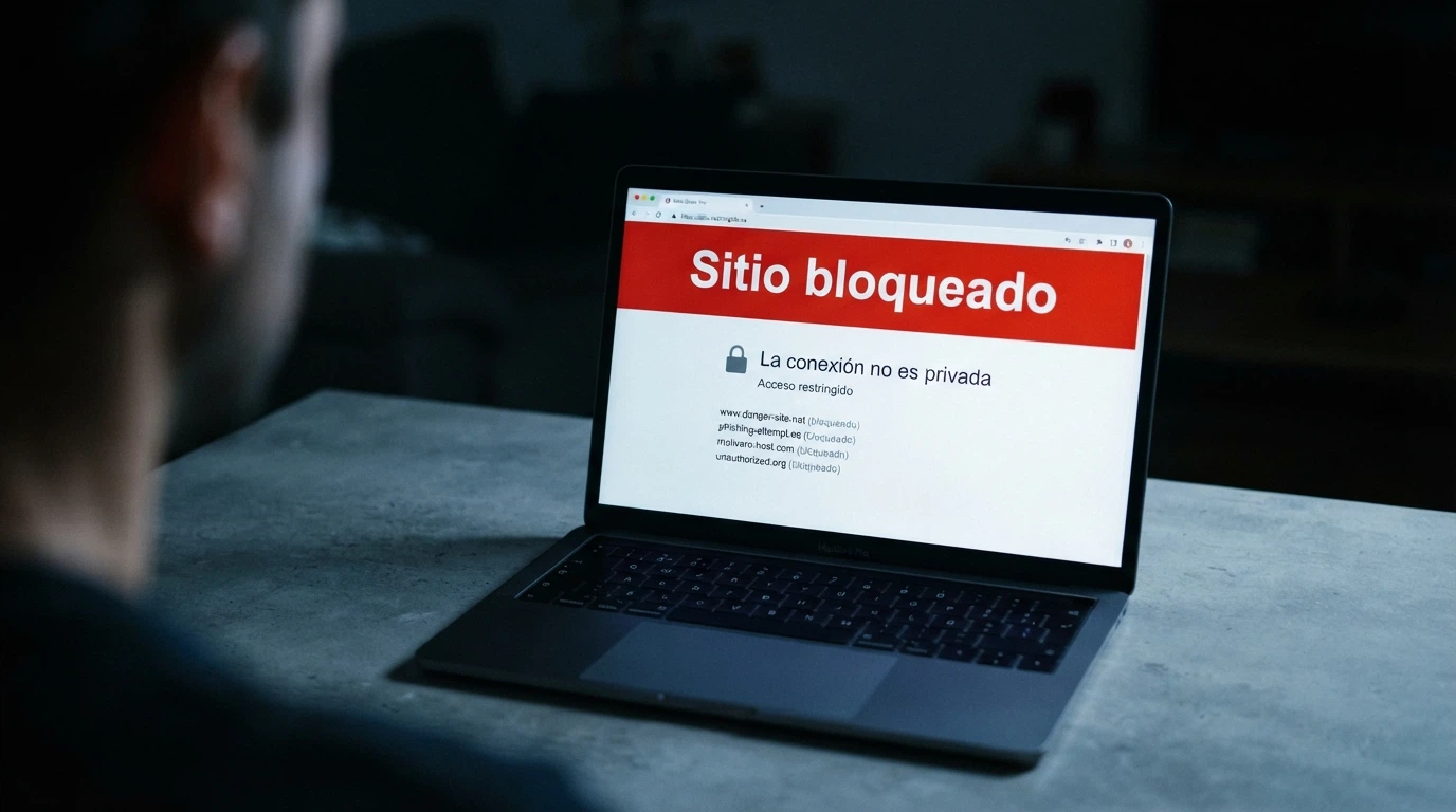 Una pantalla con el mensaje de «sitio bloqueado por orden de la DGOJ» y una lista de dominios intervenidos