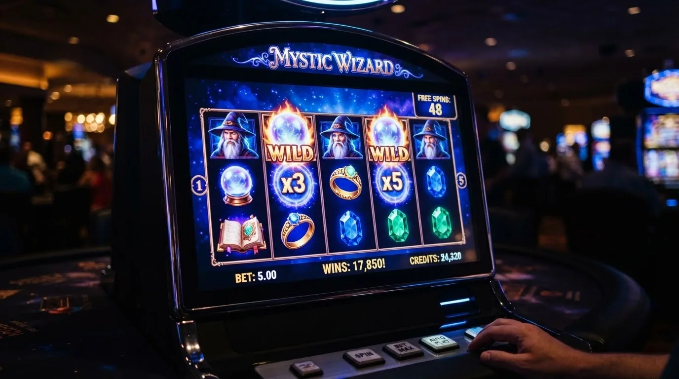 Captura del slot Blue Wizard con sus 5 carretes y los comodines multiplicadores activos en una tirada gratis