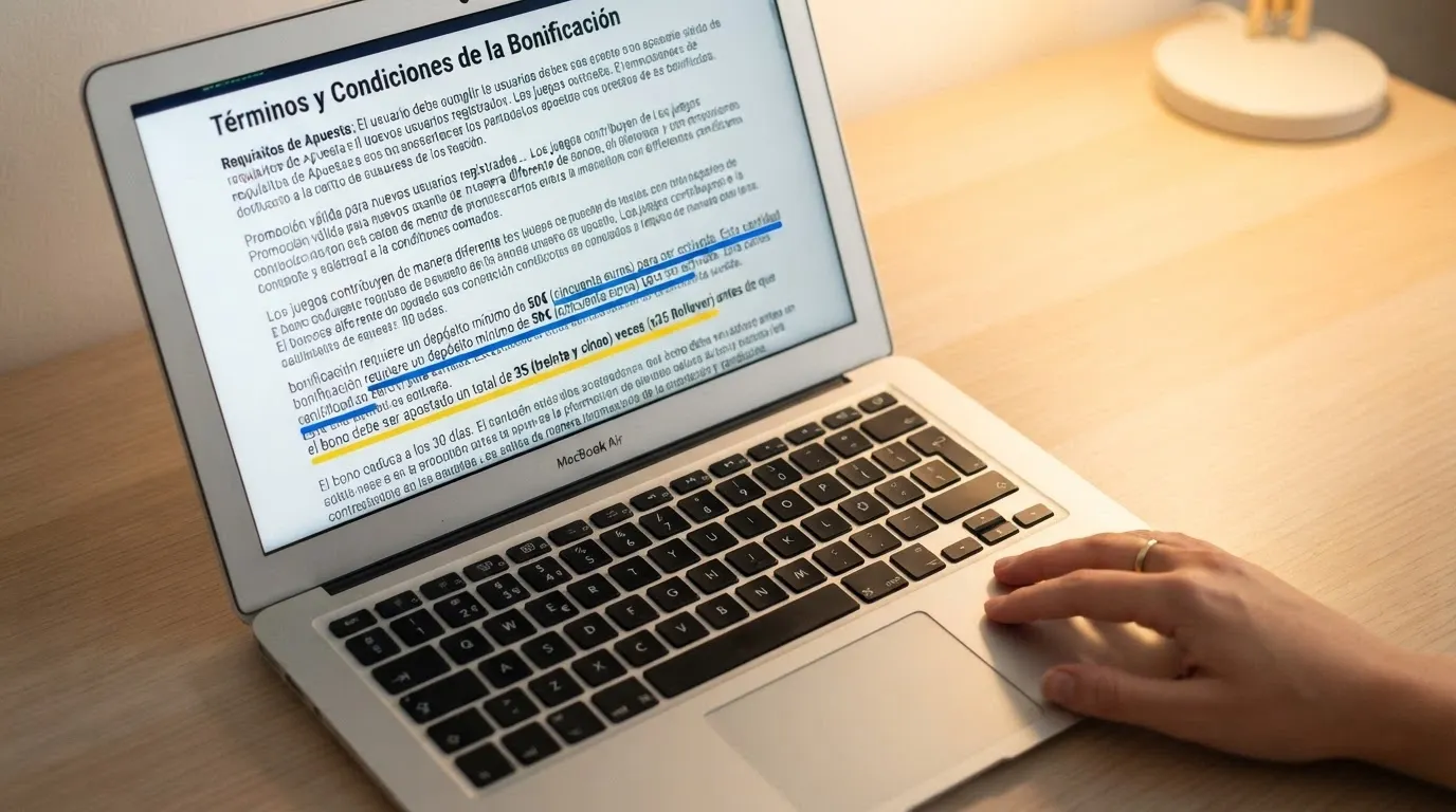 Primer plano de los términos y condiciones de un bono de bienvenida en la web de un casino, con las cifras de depósito mínimo y rollover resaltadas