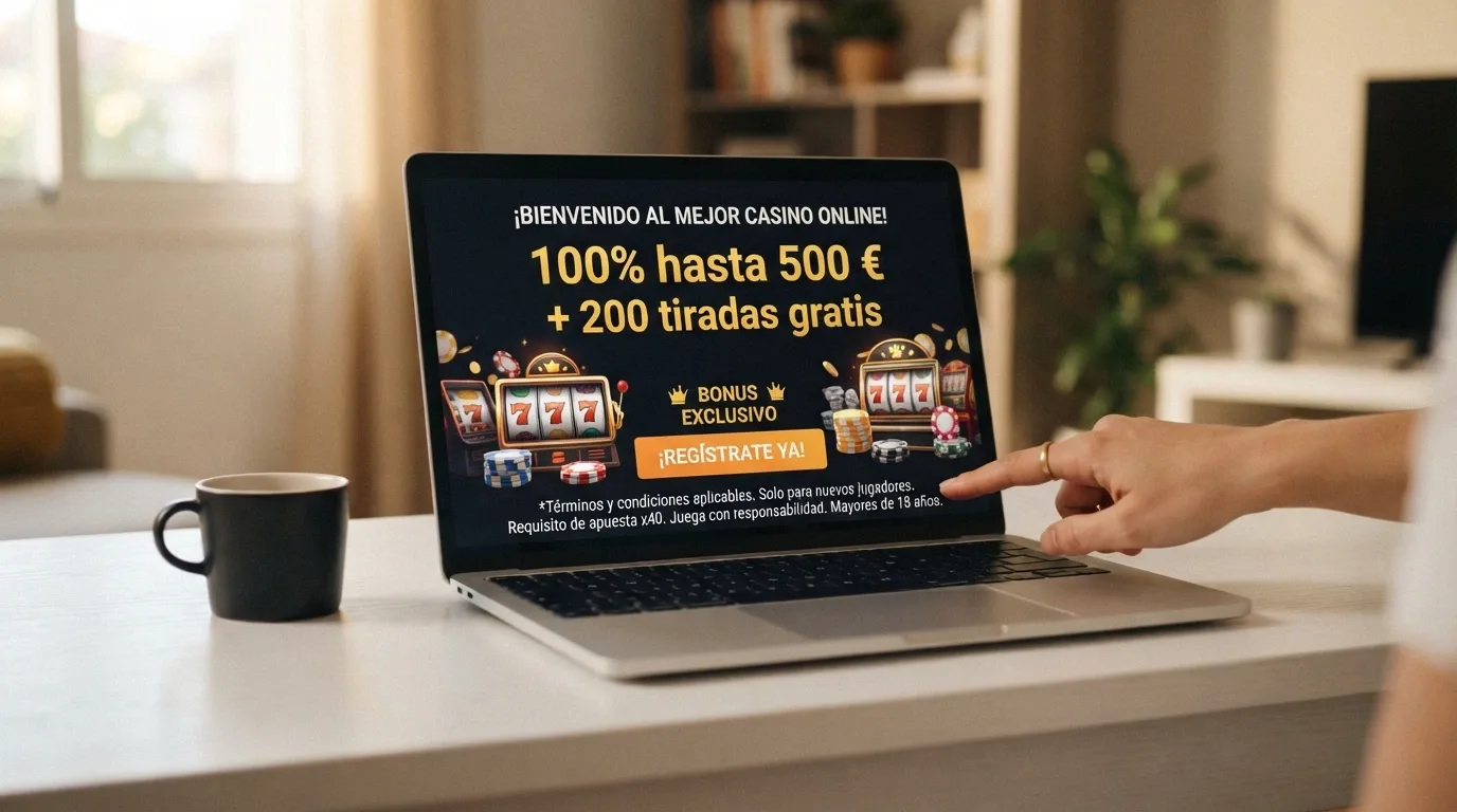 Pantalla de bienvenida de un casino online con el texto «100% hasta 500 € + 200 tiradas gratis» y la letra pequeña de las condiciones debajo