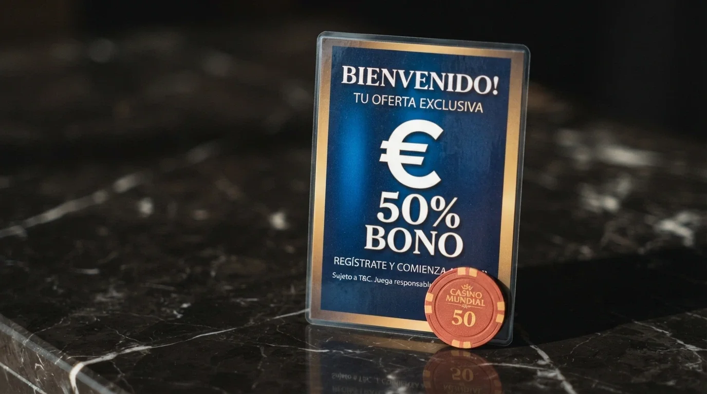 Tarjeta de bienvenida de un casino online con el importe del bono en euros y condiciones de uso visibles en pantalla