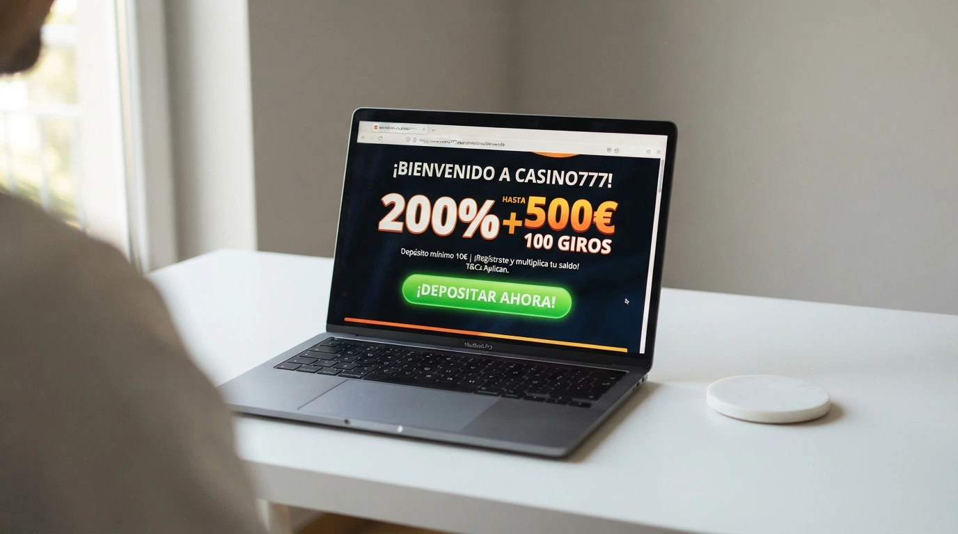 Una pantalla de casino online español mostrando una oferta de bienvenida del 100% hasta 200 € junto al botón de depósito
