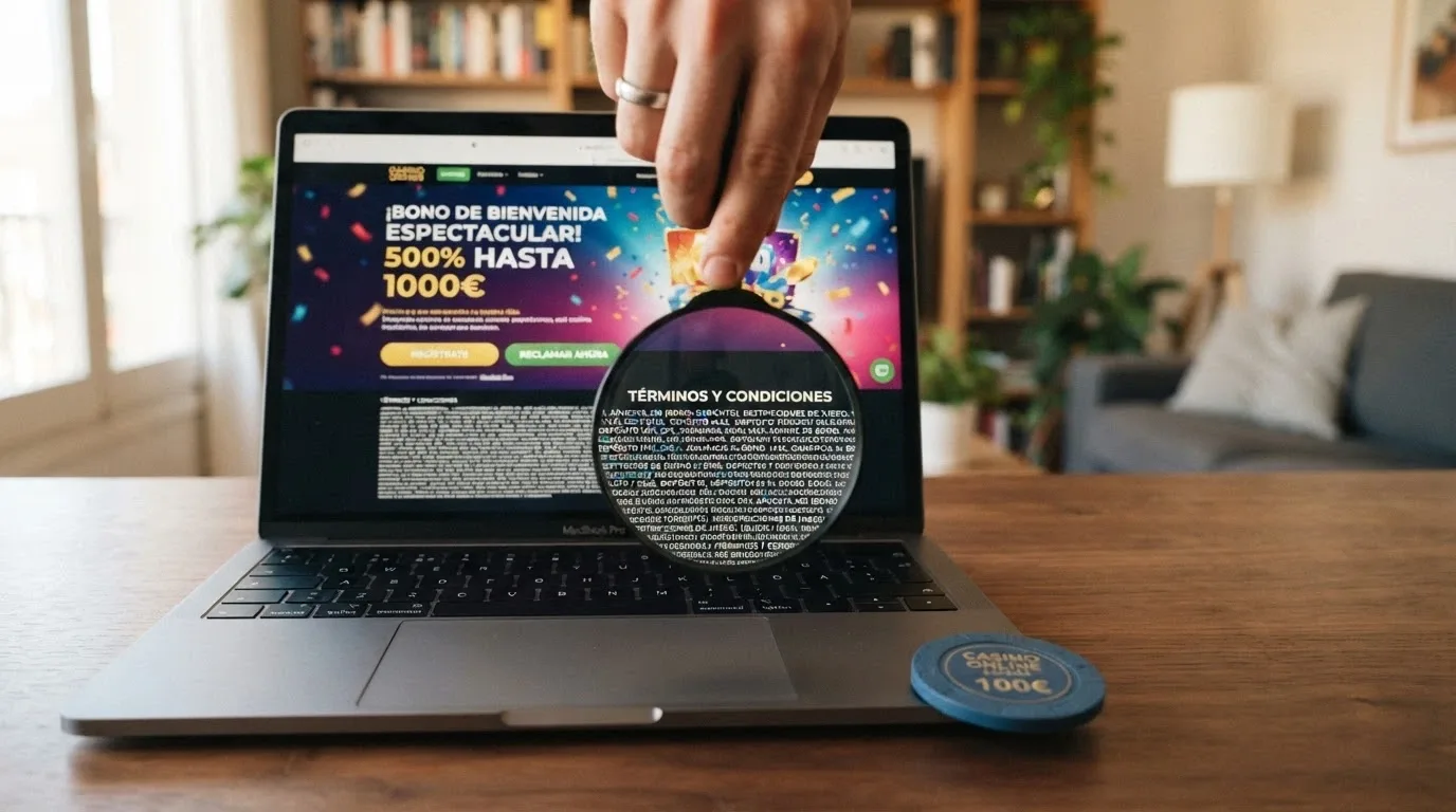 Primer plano de una pantalla con los términos y condiciones de un bono de casino, con una lupa sobre la letra pequeña
