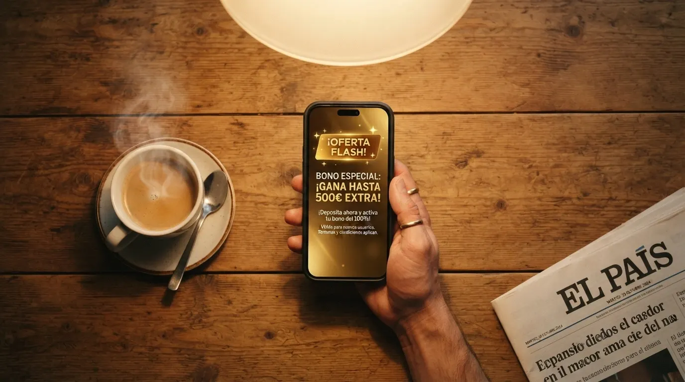 Una mano sosteniendo un teléfono con la aplicación de un casino español abierta en la sección de promociones, sobre una mesa con una taza de café