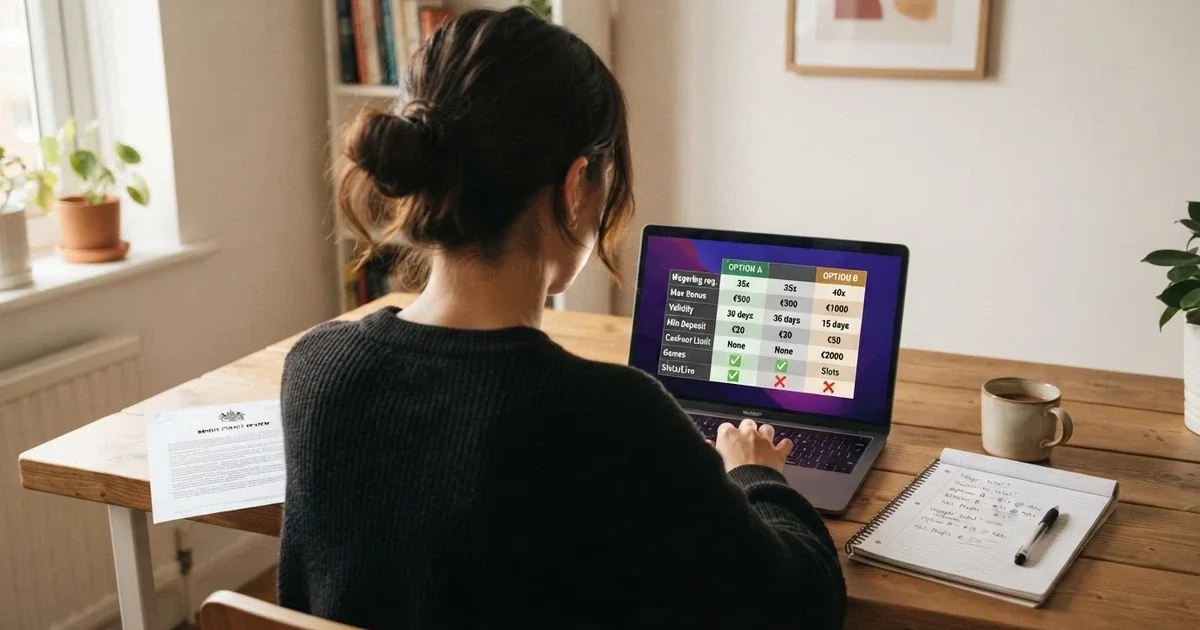 Un jugador consultando una tabla comparativa de bonos de casino en una pantalla, con una calculadora y un documento con el escudo de la DGOJ en segundo plano.