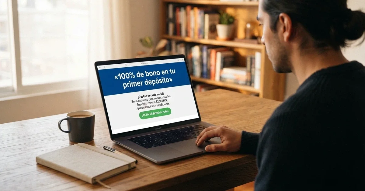 Un ordenador portátil mostrando la página de promociones de un casino online español con un banner que anuncia «100% de bono en tu primer depósito» junto al texto de términos y condiciones