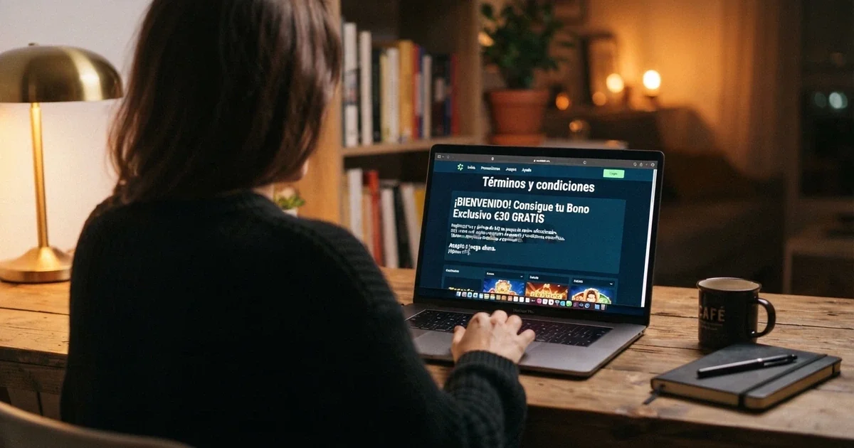 Un jugador frente a la pantalla de un casino online español, consultando los términos y condiciones de un bono sin depósito con expresión de concentración