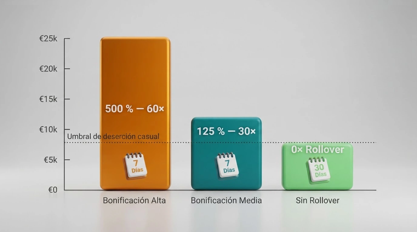 Comparativa visual de tres bonos: uno con porcentaje alto y rollover elevado, otro con porcentaje moderado y rollover bajo, y un tercero sin rollover.
