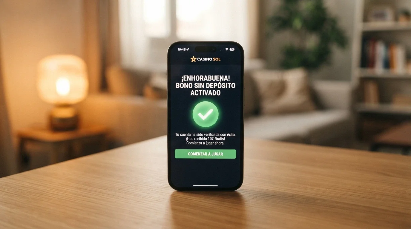 Un teléfono móvil mostrando la pantalla de registro de un casino con licencia del regulador español y una notificación de bono sin depósito activado