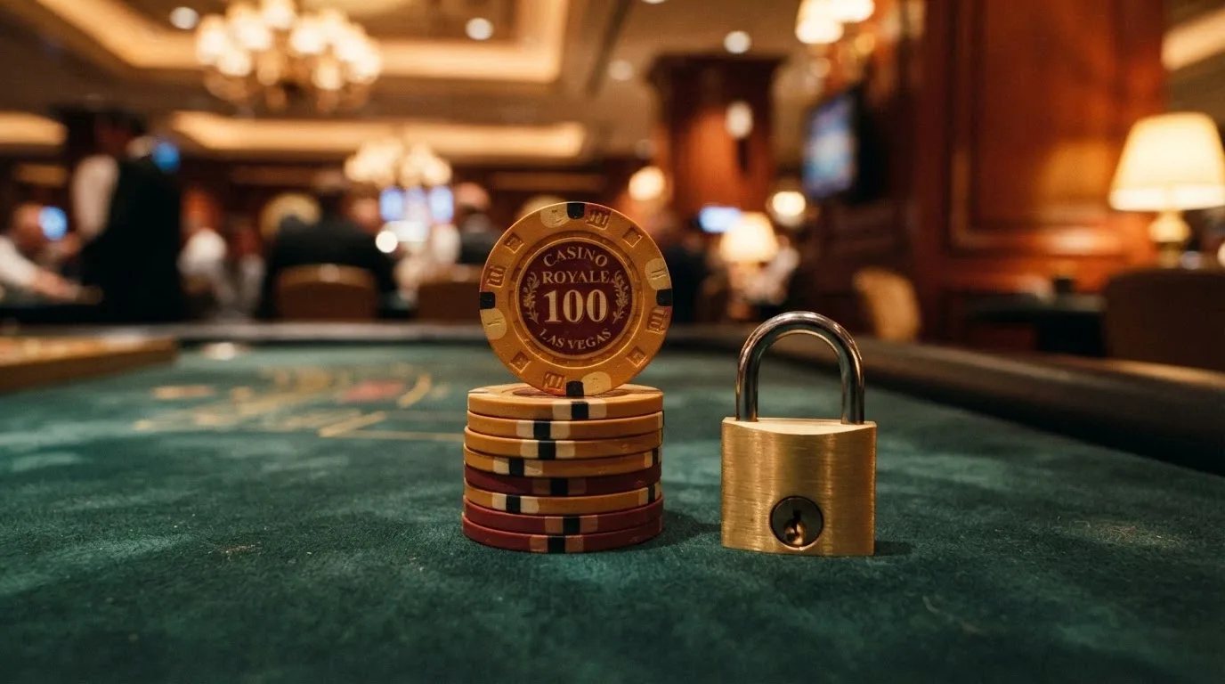 Representación visual de un bono del 100 % hasta 200 €: una pila de fichas con el texto «200 €» junto a un candado que simboliza el wagering, sobre fondo de casino