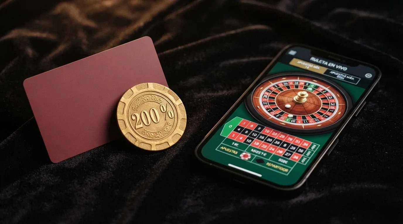Composición con tres elementos: una tarjeta Visa CaixaBank, una ficha de bienvenida dorada con el texto «200 %» y un móvil con la ruleta de un casino en pantalla