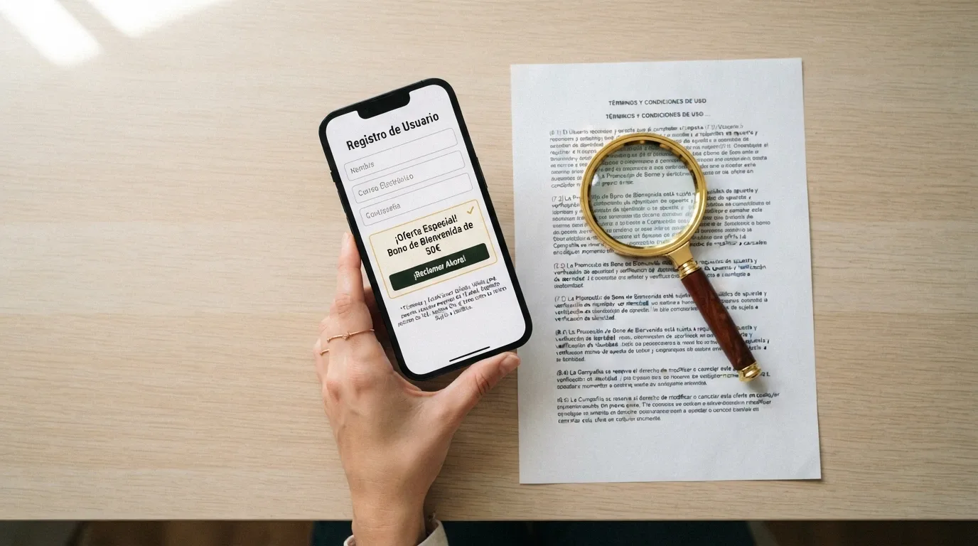 Primer plano de una mano sosteniendo un móvil con la pantalla de registro de un casino, junto a una lupa sobre la letra pequeña de los términos del bono
