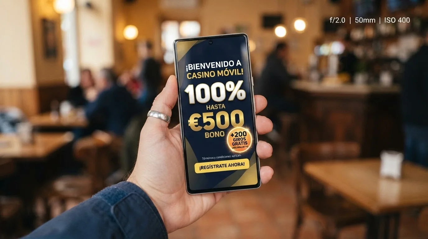 Pantalla promocional de un bono de bienvenida en un casino de slots con licencia española