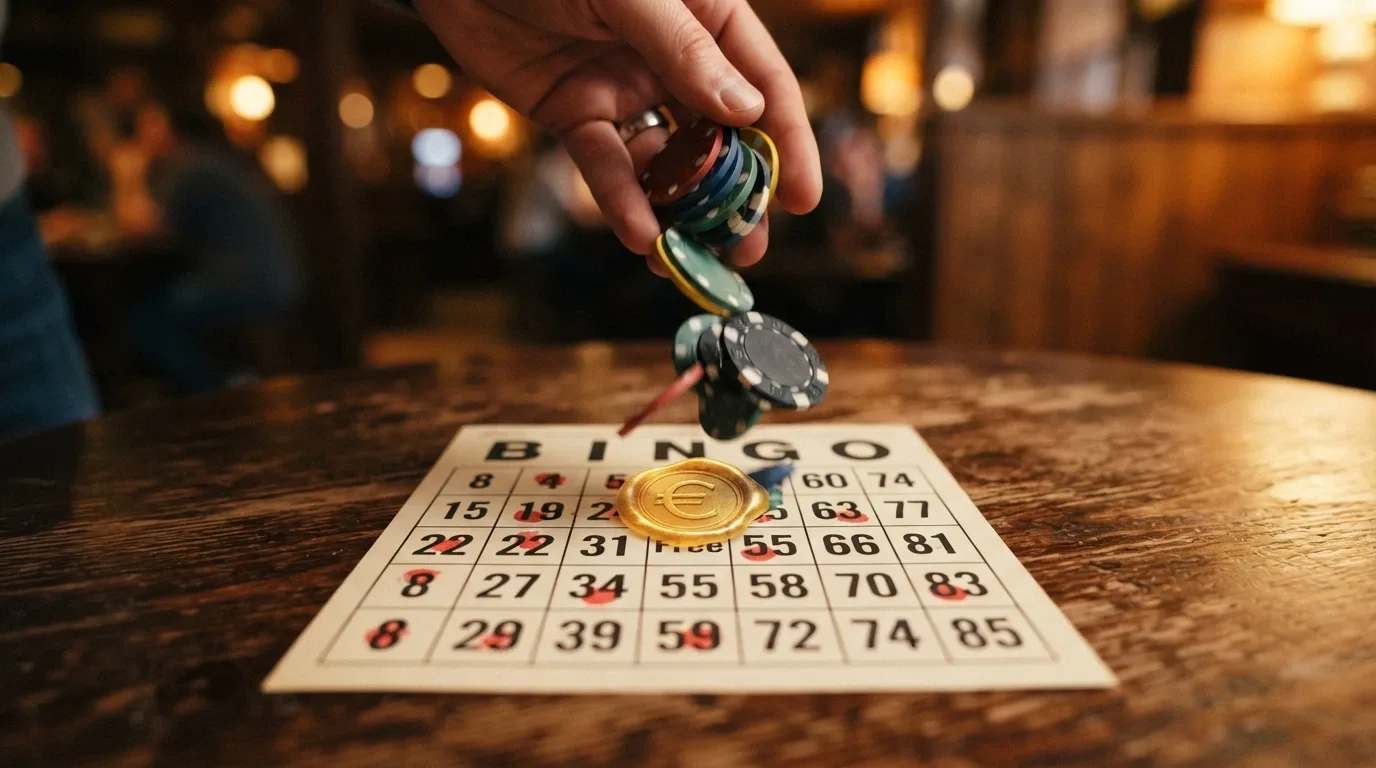 primer plano de un cartón de bingo con un sello de «bono activado» superpuesto y monedas de euro cayendo sobre él