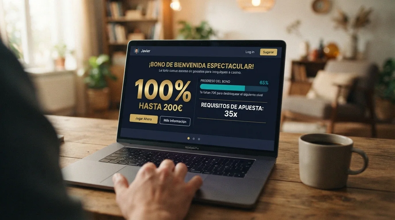 Pantalla de promoción de bono de bienvenida en un casino cripto con las condiciones de wagering destacadas
