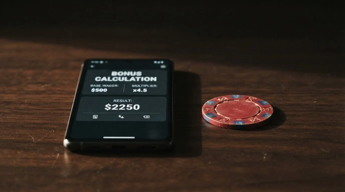 Un teléfono con la calculadora abierta junto a una ficha de casino, representando el cálculo del valor real del bono tras aplicar rollover y RTP
