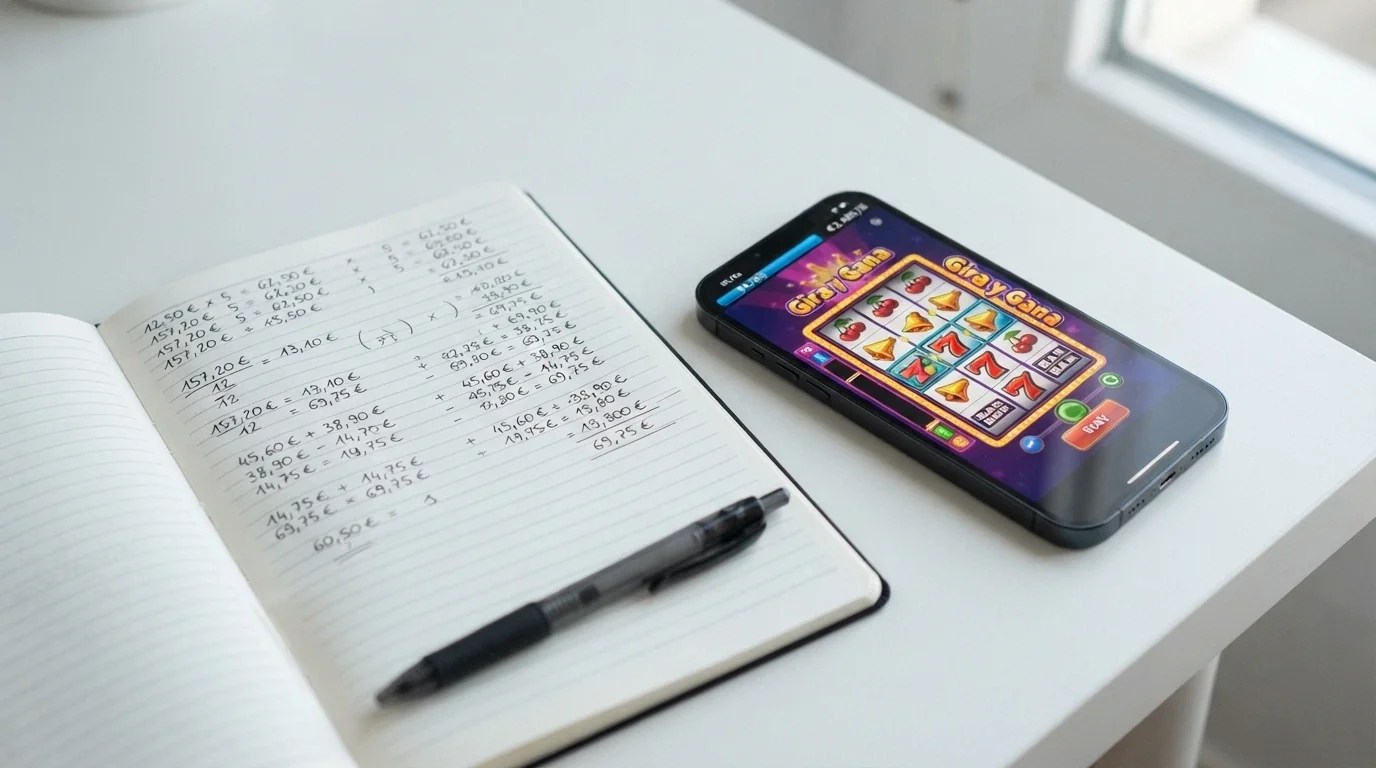 Libreta con operaciones matemáticas escritas a mano — bono × rollover × (1−RTP) — junto a un teléfono mostrando una promoción de casino