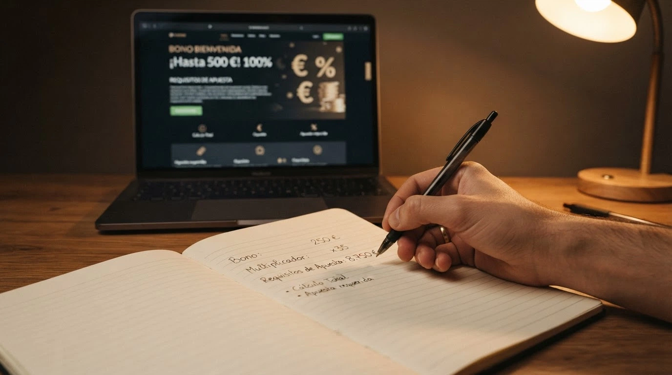Una calculadora sobre una mesa junto a una pantalla que muestra un bono de 50 € y un requisito de apuesta de 50x