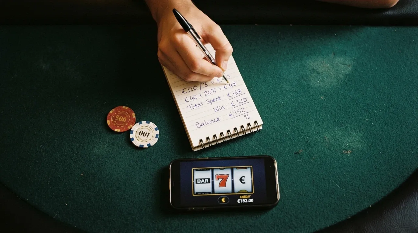 Calculadora junto a billetes de 5 € y 10 € y una pantalla de tragaperras con el símbolo de porcentaje, sobre un fondo de mesa de casino.