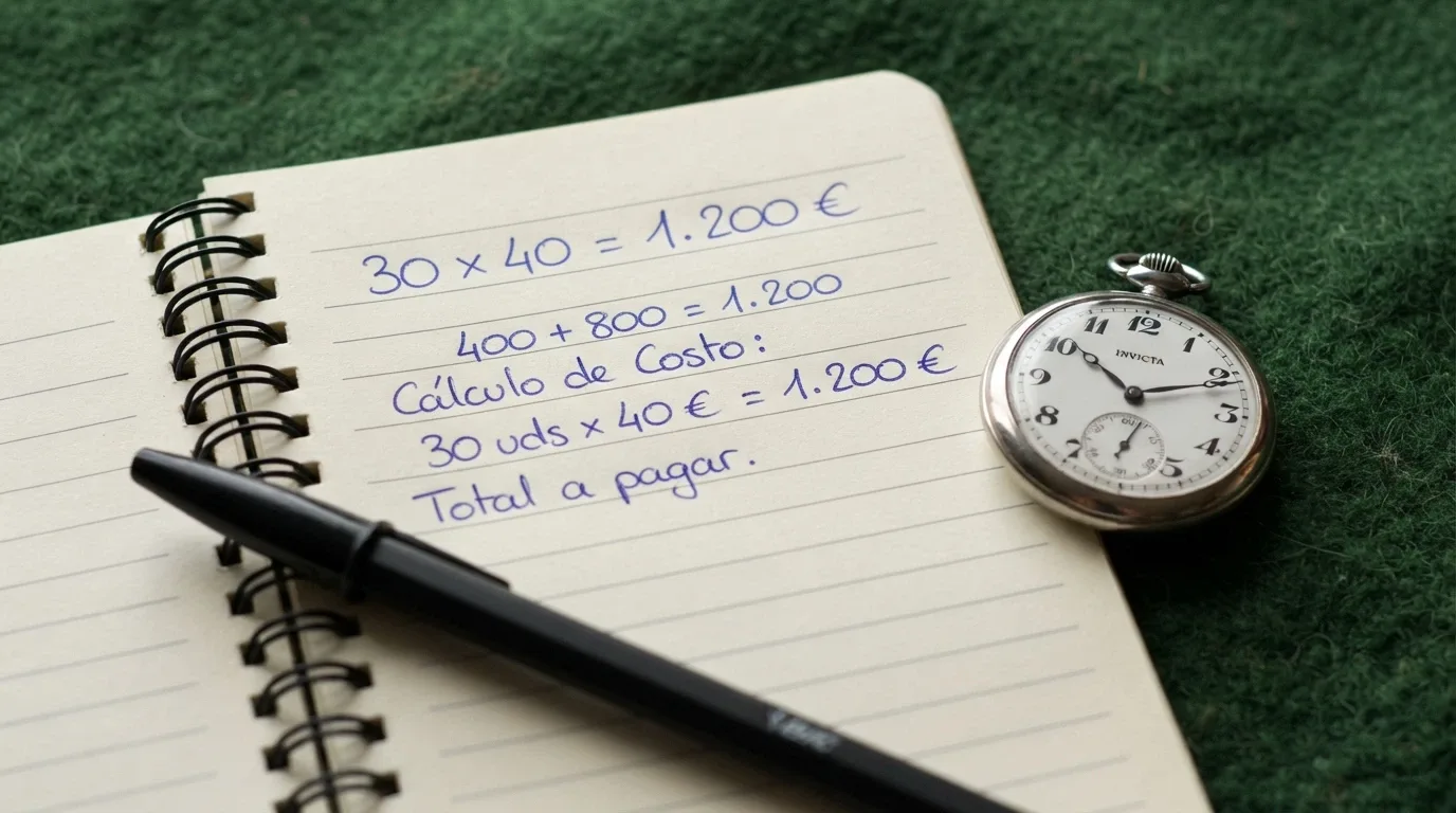Una calculadora sobre una mesa de juego mostrando la operación «bono × rollover = total a apostar» junto a un reloj que marca el plazo de validez