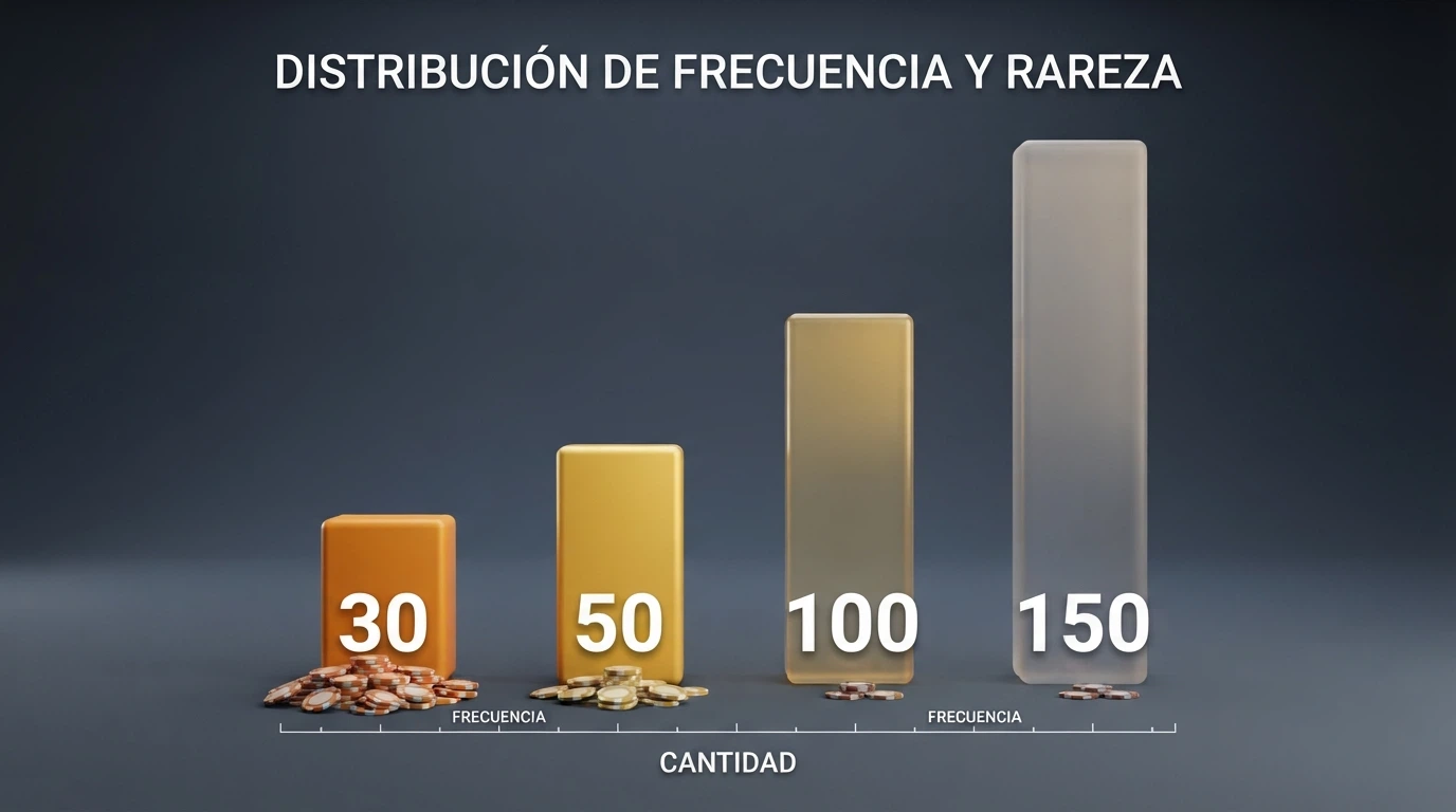 Una ruleta o marcador que muestra los números 30, 50, 100 y 150 con fichas repartidas desigualmente