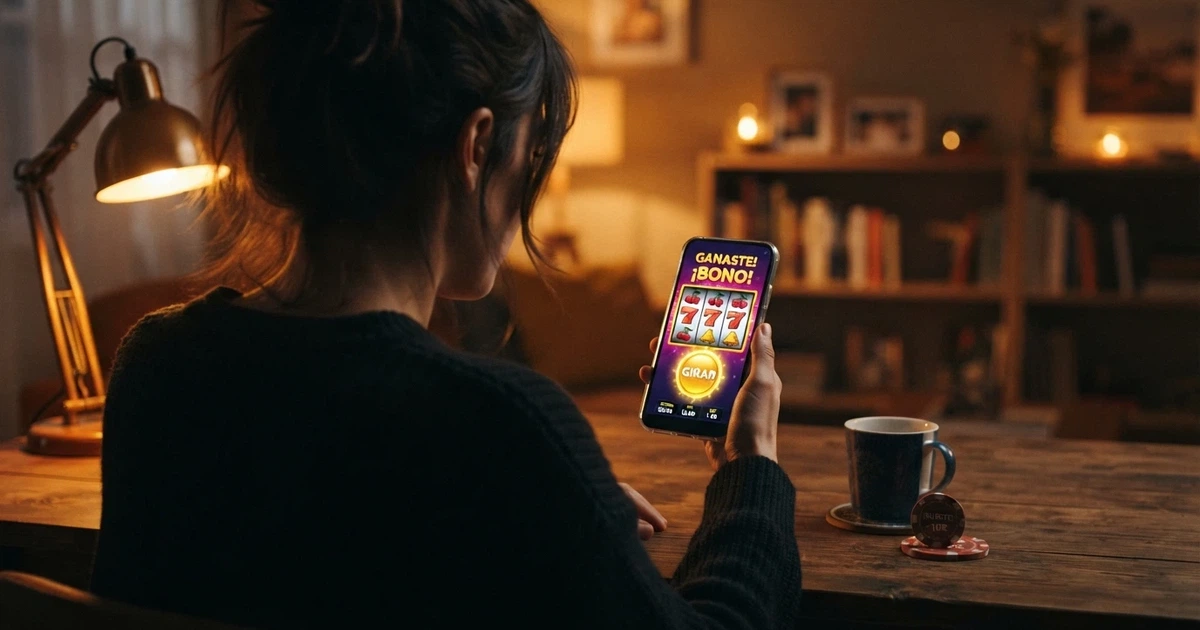 Un jugador consultando una promoción de tiradas gratis en la pantalla de un móvil, con el logo de un casino online de fondo