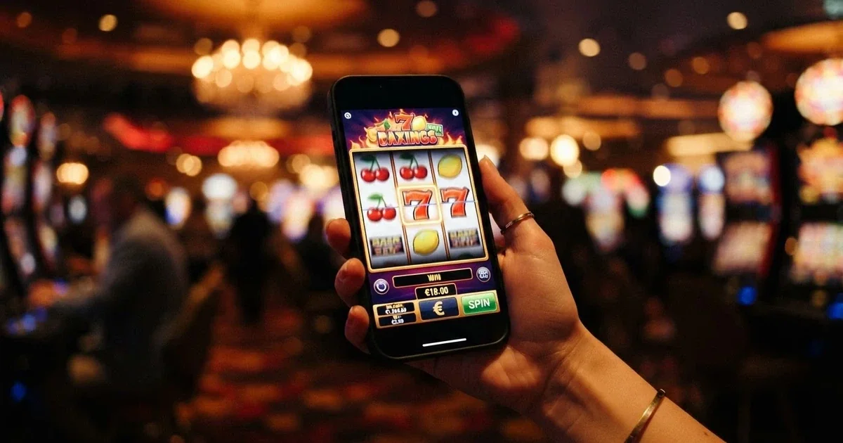 Mano sujetando un móvil con una tragaperras de frutas en pantalla, sobre un fondo de casino con luces difuminadas.
