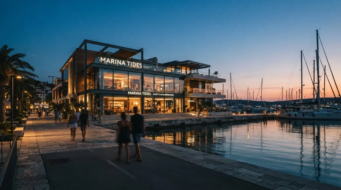 Fachada del Casino de Barcelona iluminada al atardecer junto al mar en el Port Olímpic