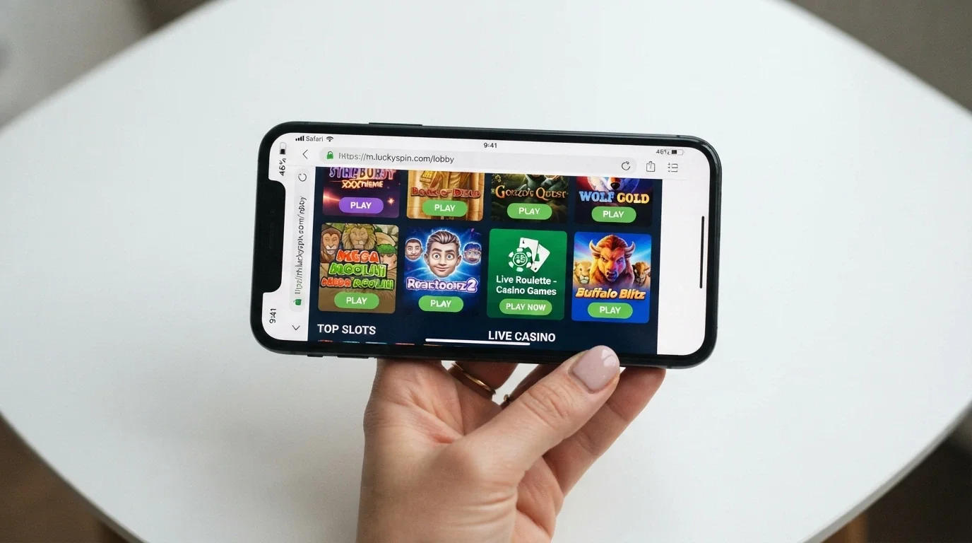 Un teléfono móvil en posición horizontal mostrando un casino online con Bitcoin Cash en el navegador