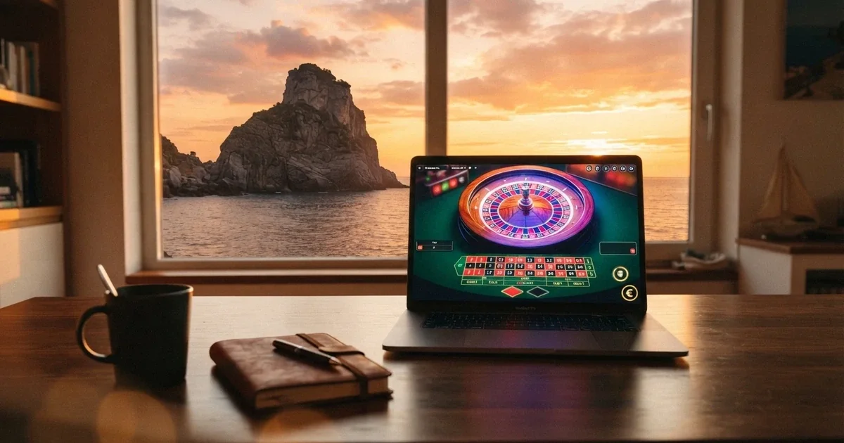 Interfaz de un casino online con licencia de Gibraltar abierta en una pantalla de ordenador, con el Peñón visible en un elemento gráfico secundario
