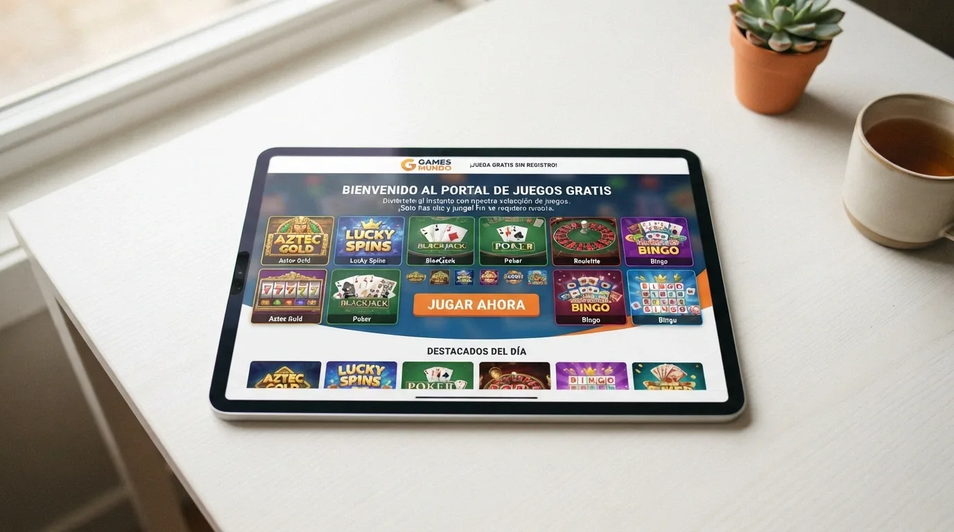 Pantalla de inicio de un portal de juegos gratuitos con el botón Jugar ahora visible y ningún formulario de registro ni campo de datos personales en pantalla