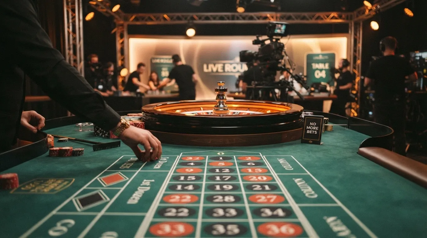 Mesa de ruleta en vivo con crupier real y una interfaz de apuestas con saldo en BNB