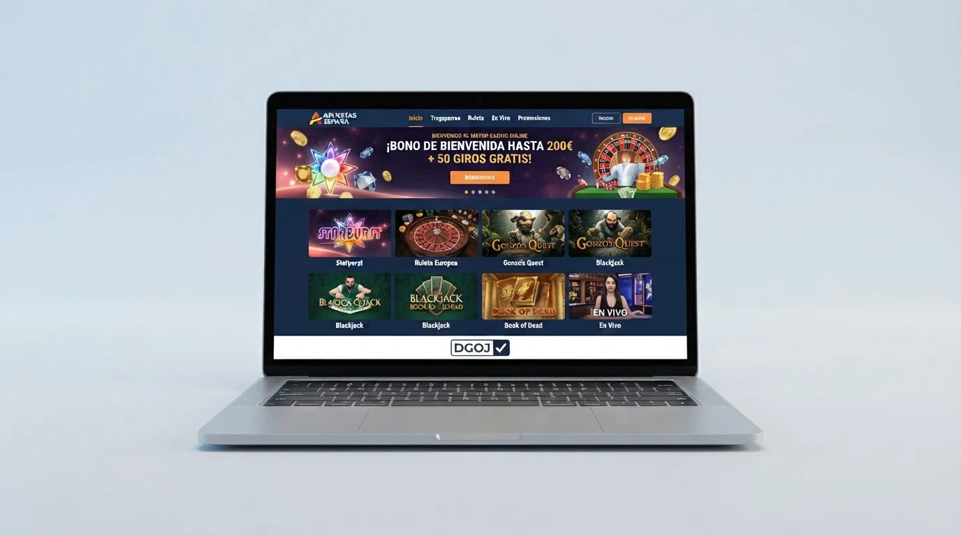 Pantalla de un casino online con dominio .es mostrando el sello de licencia DGOJ en el pie de página, visible y verificable