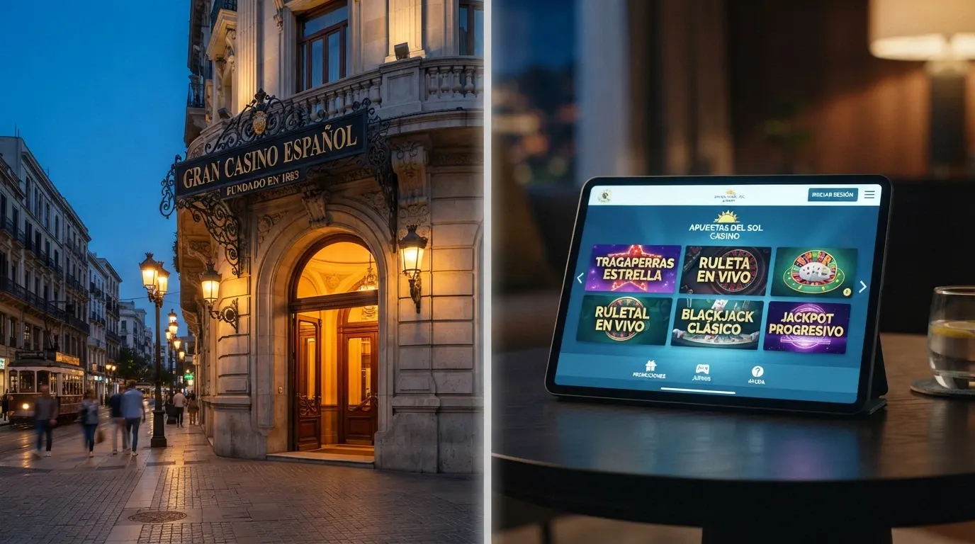 Una fachada de casino físico tradicional junto a una interfaz de casino online en una tablet, separadas por una línea divisoria sutil