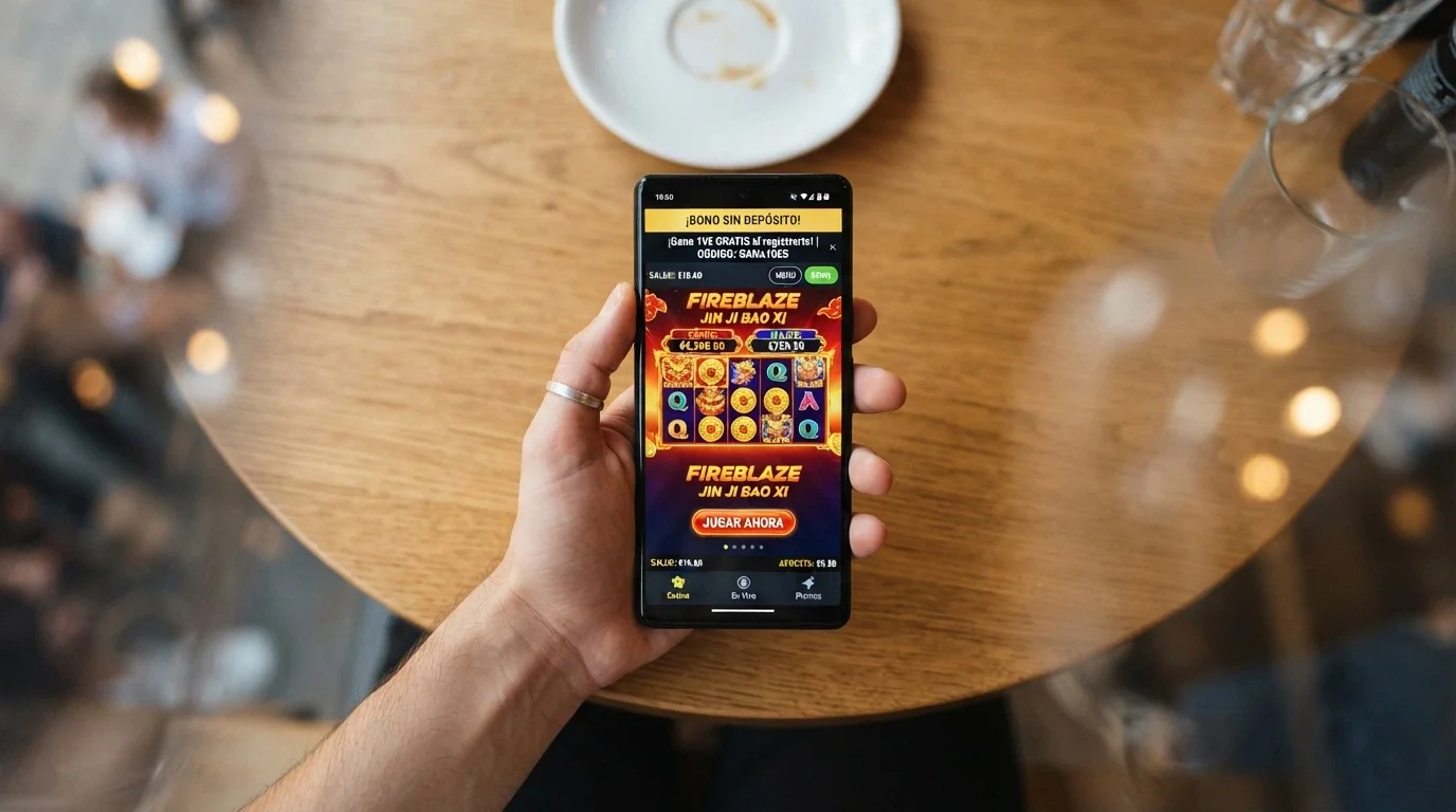Mano sosteniendo un teléfono móvil con la interfaz de una app de casino español y una notificación de bono sin depósito en pantalla