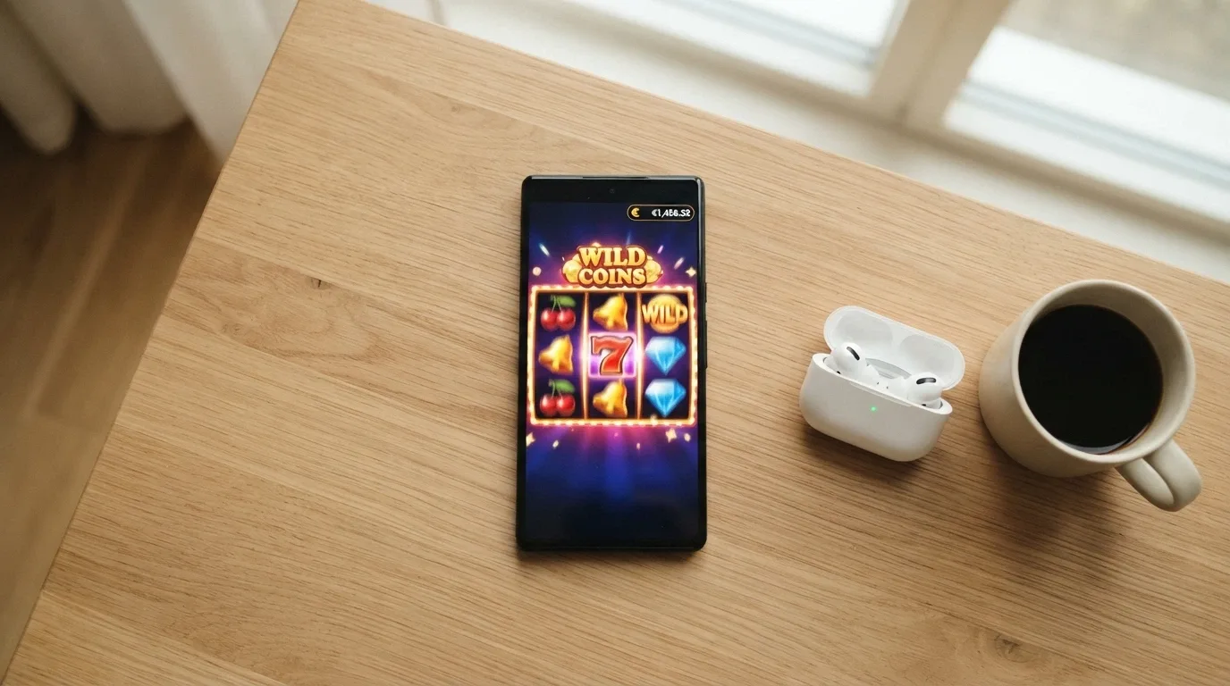 Mano sosteniendo un móvil con un casino online abierto en el navegador, mostrando slots y el logo de BNB