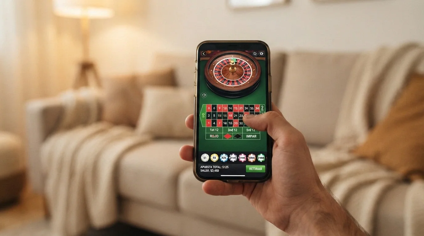 Teléfono móvil mostrando una mesa de ruleta en vivo de Evolution con la interfaz táctil adaptada a pantalla vertical