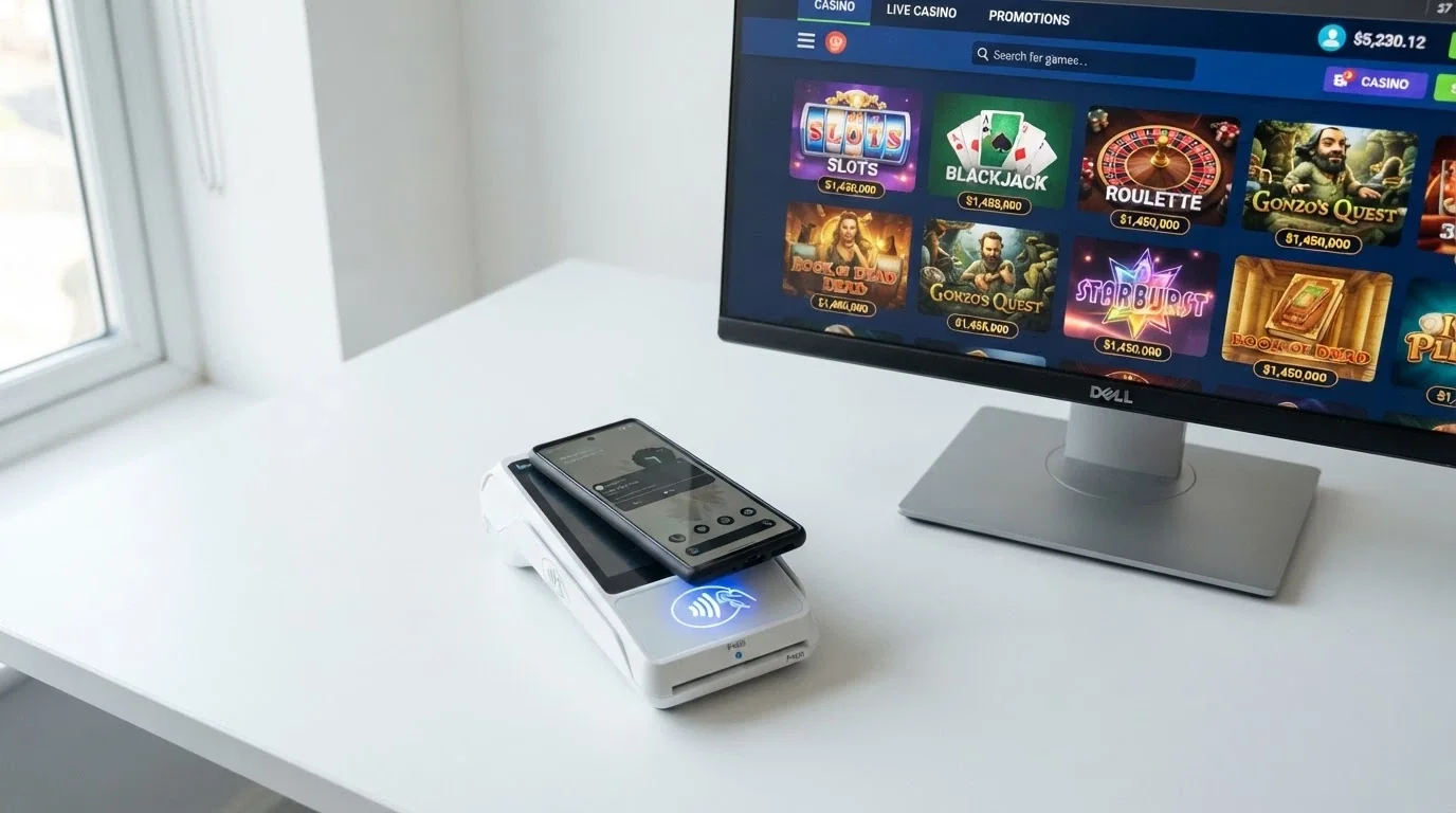 Móvil Android apoyado sobre un datáfono contactless con el símbolo NFC iluminado, junto a una pantalla de ordenador con el lobby de un casino online abierto